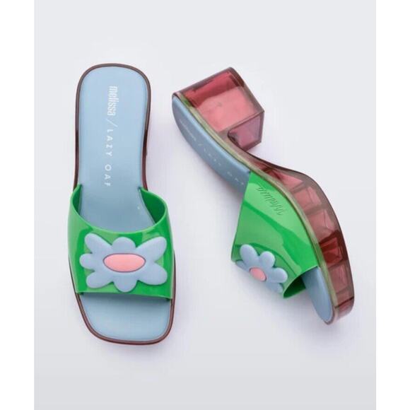Melissa + Lazy Oaf Jelly Sandals Pink Green Blue US 7 EU 38 90s Y2K - Picture 1 of 7